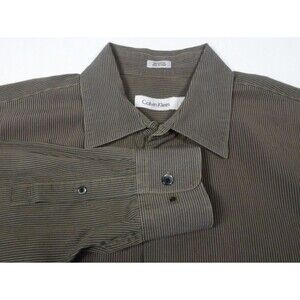 CALVIN KLEIN Long Sleeve Button Up Shirt Mens Large Thin Striped Brown/Black